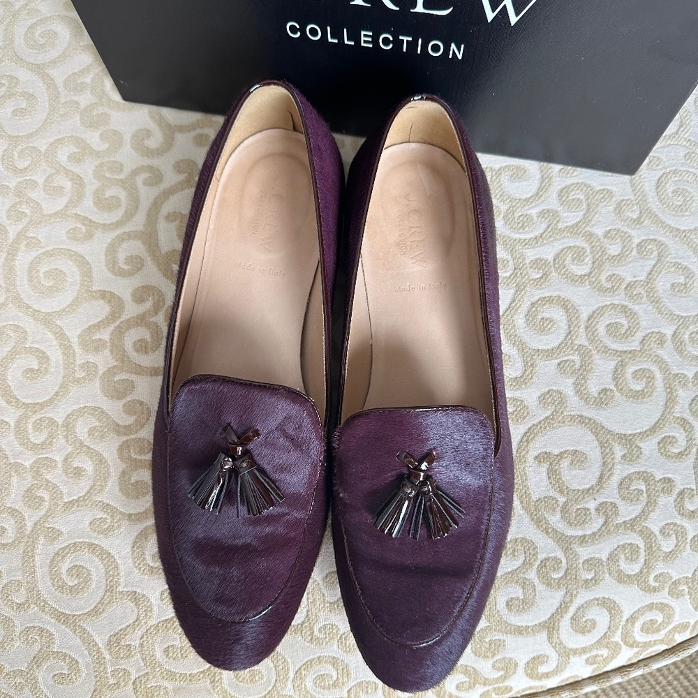 J.Crew Collection Bella Calf Hair Tassel Loafers Deep Aubergine 8.5